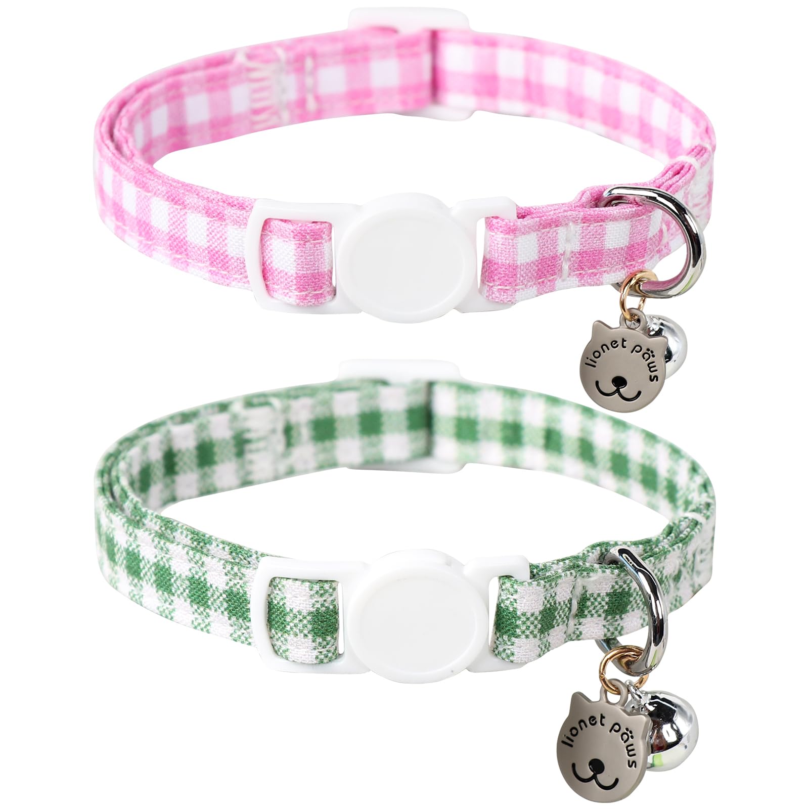 Photo 1 of Lionet Paws 2pcs Pack Cotton Cat Collar,Breakaway Buckle with Green Pink Grid and Brand Pendant Cute Adjustable Cat Kitten Collar,Ideal for Girl Cats Boy Cats
