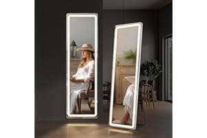 Zibbizo Mirror Full Length with LED Lights, 16"x60" Body Wall Mirrors, Floor Standing, Hanging or Leaning, Tall Mirror with Stand Aluminum Alloy Frame, Dimmable 3-Color Lighting for Bedroom Cloakroom