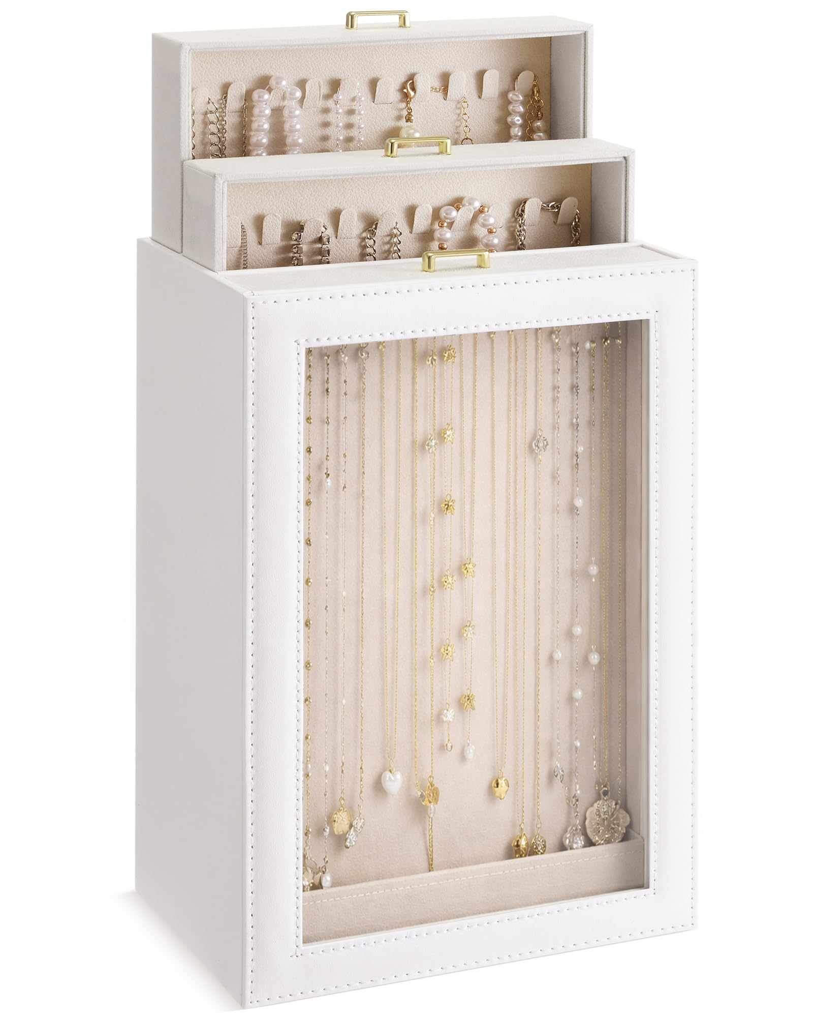 Photo 1 of Huquary 3 Layer Vertical Necklace Holder Organizer Box 12.6" x 7.9" x 5", 30 Hooks PU Necklace Storage Box with Clear Lid Necklaces Display Case for Jewelry Organizer Storage Women Gift(White)