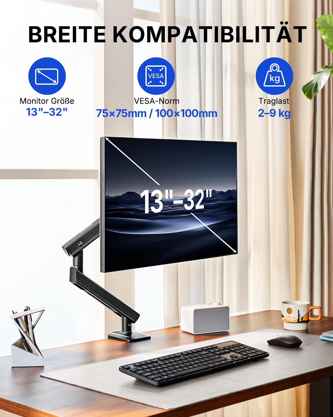 HUANUO Monitor Halterung für 13-32 Zoll, FlowLift Pro Monitorhalterung bis 9 kg, MechaSpring Monitor Arm (Neigung/Schwenk/Rotation) werkzeuglos montierbar, für Gaming & Office, VESA 75/100 mm 2