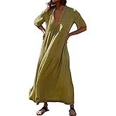 R.Vivimos Womens Summer Cotton Flowy Maxi Dress Short Sleeve V Neck Empire Waist Boho Tiered Ruffle Casual Loose Long Dresses