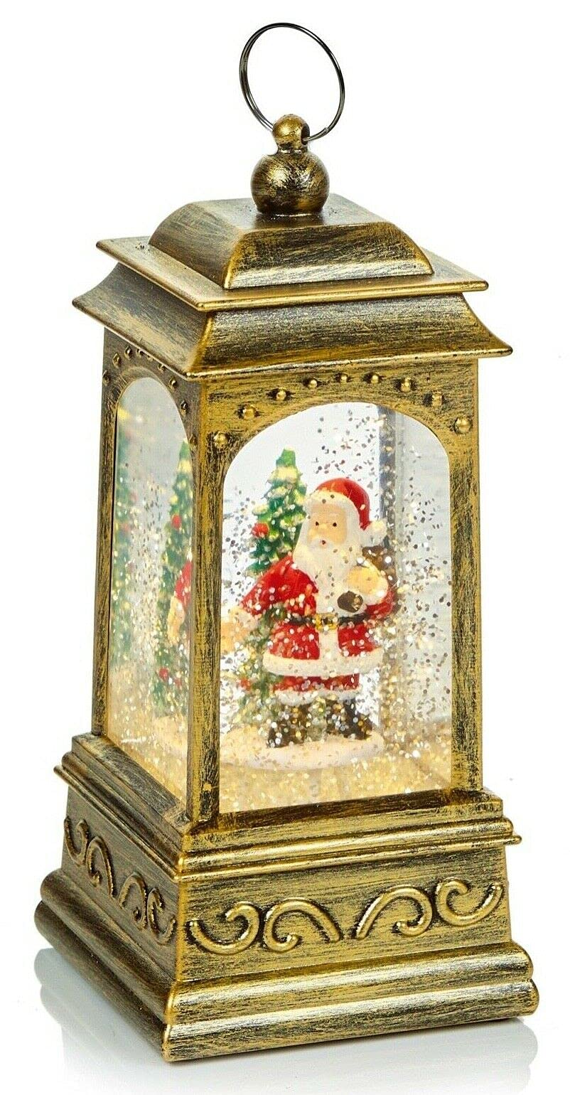 Premier Christmas Santa and Christmas Tree LED Metal Water Lantern with Glitter Snow 21cm Tall