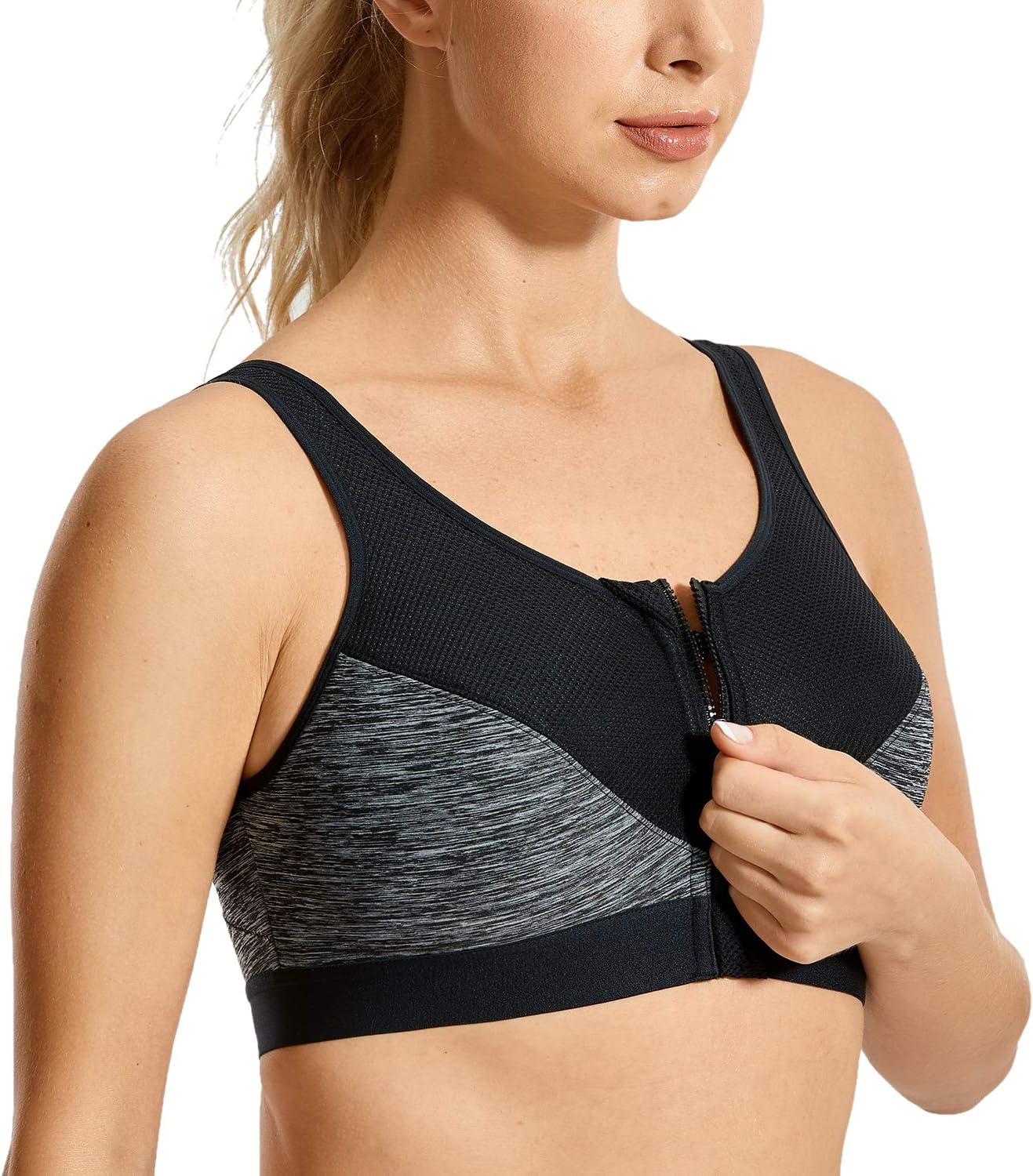 SYROKAN Women's High Impact Zipper Front Wire Free Cross Back Support Sports Bra