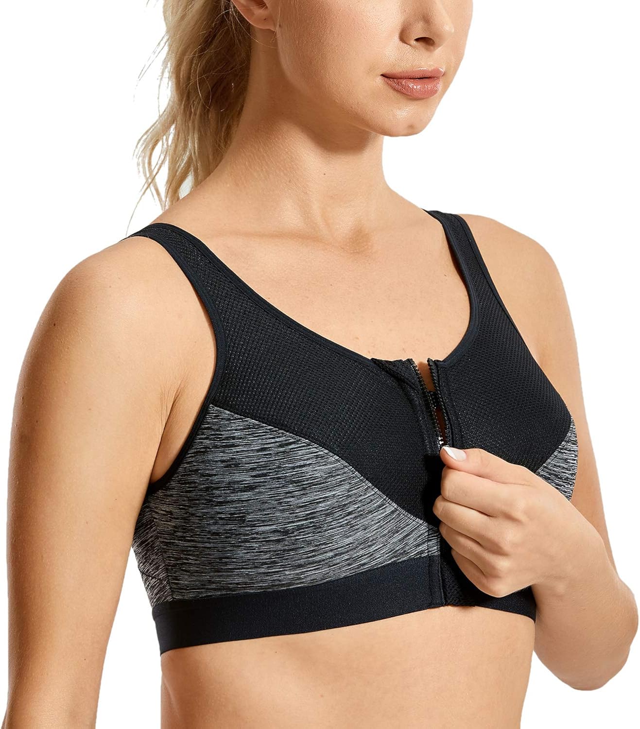 SYROKAN Women's High Impact Wireless Cross Back Support Front Zip