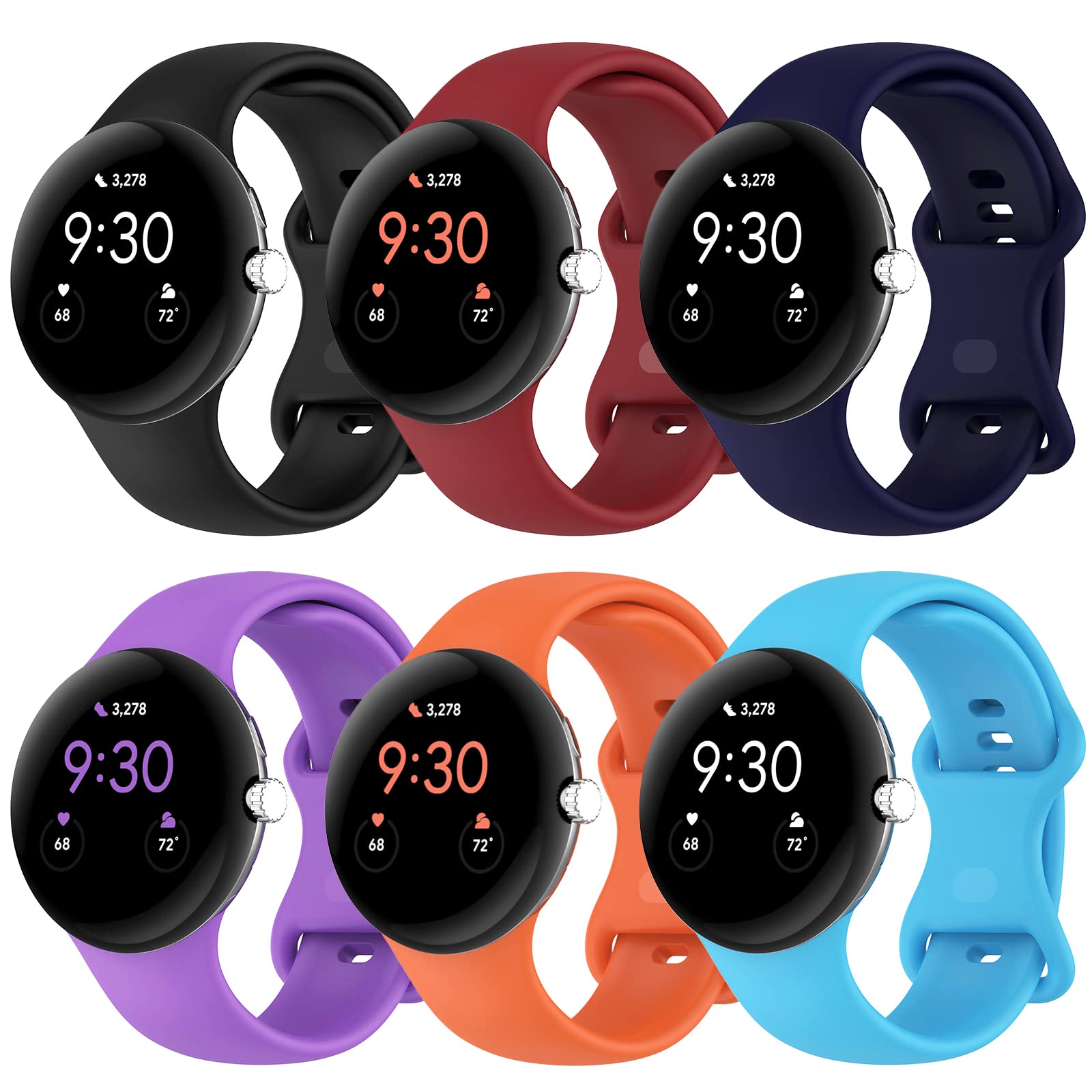 Eiavike Band Compatible with Google Pixel Watch Soft Silicone Sport Watch Bands Replacement Watch Strap Bracelet for Google Pixel Watch Smartwatch Accessories (Small, 6-Black/Red/Navy