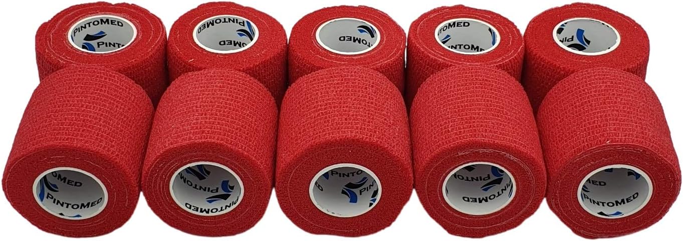 PintoMed, 10 X RED X 5CM X 4.5M, Cohesive Bandage Stretched, Self-Adhesive Flexible Bandages
