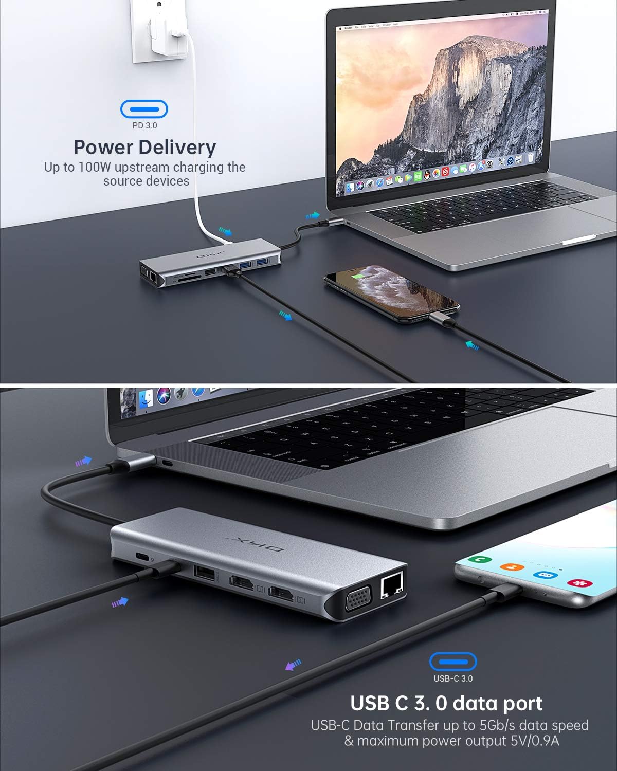 USB C Hub, OKX 14 in 1 USB C to Triple Display Adapter with 100W PD Charging, 2 HDMI, VGA, USB-C Date Transfer, 3 USB 3.0 Ports, 2 USB 2.0 Ports, SD/TF Card Readers for MacBook Pro and Type C Laptops: Home Audio & Theater