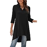 Naggoo Women's 3/4 Sleeve Notch V Neck High Low Loose Fit Long Tunic Tops Shirts Blouses M-3XL