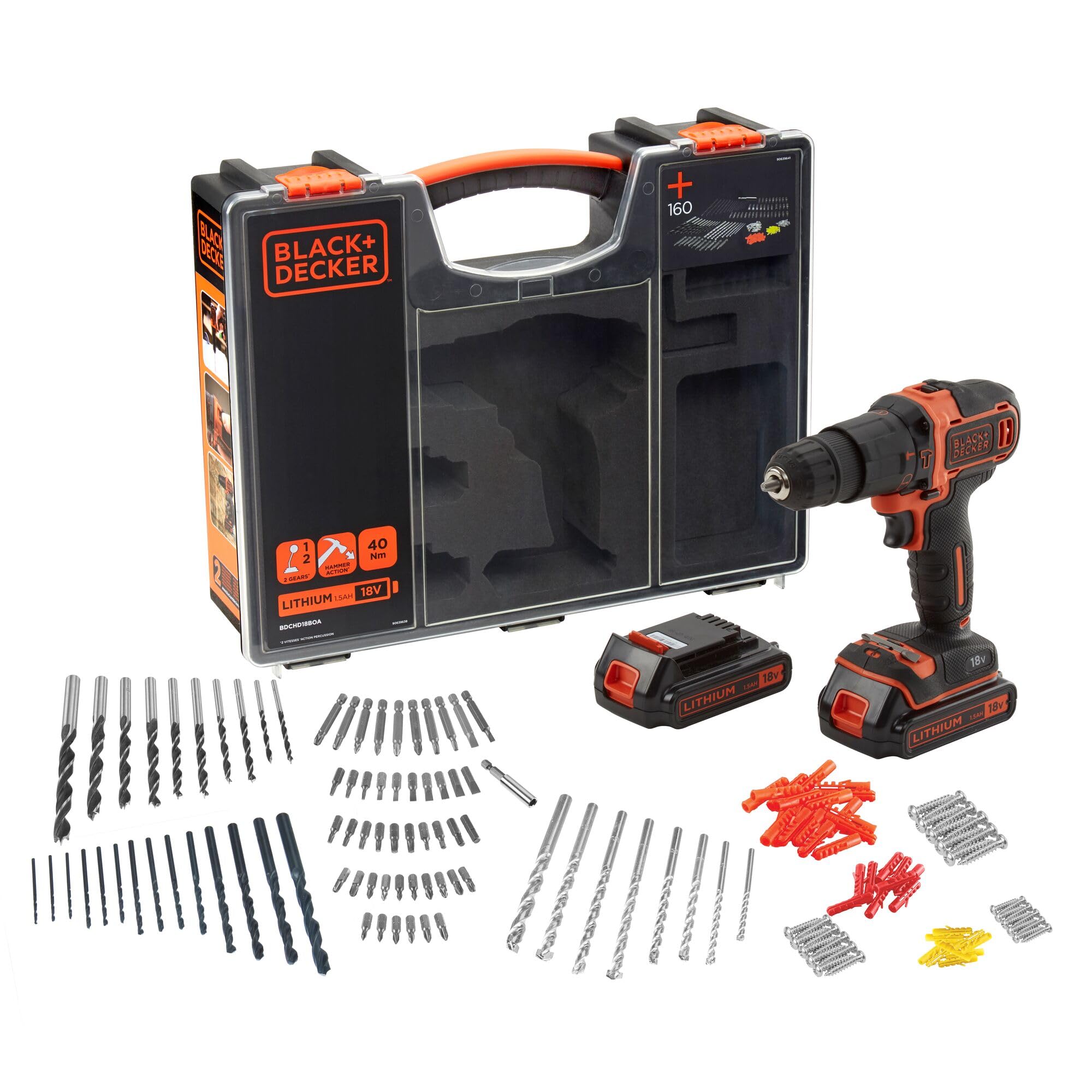 BLACK+DECKER Drill/Impact Driver with Dual Battery in Premium Case and 160 Accessories, 1.5 Ah, Orange, 3/8 Inch