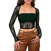 Girece Going Out Tops for Women Long Sleeve 2 Piece Square Neck Tank Top Lace Mesh Sheer Crop Tops Strapless Shirts