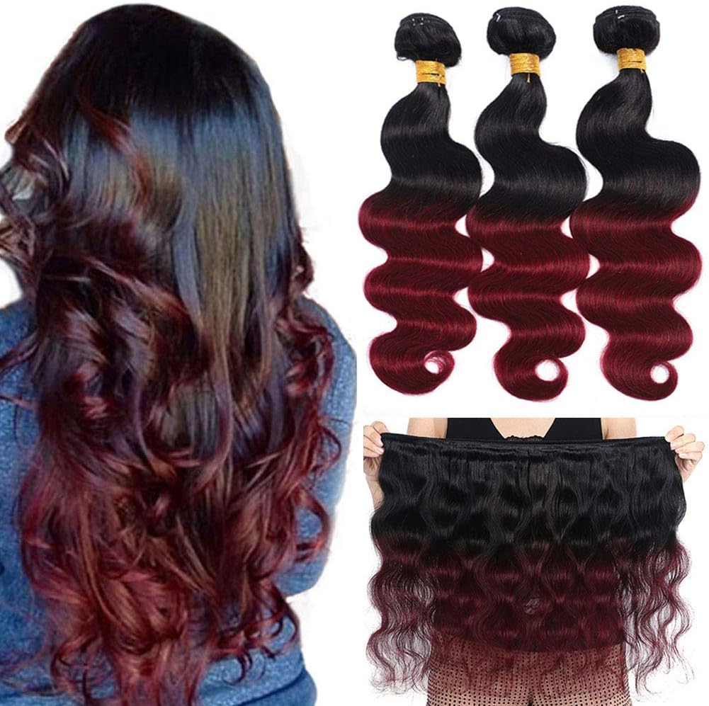 Ombre Brazilian Hair Body Wave Bundles 3pcs,Ombre Brazilian Virgin Hair Human Hair Weave Two Tone Black to Burgundy (T1B/99J,10 12 14)