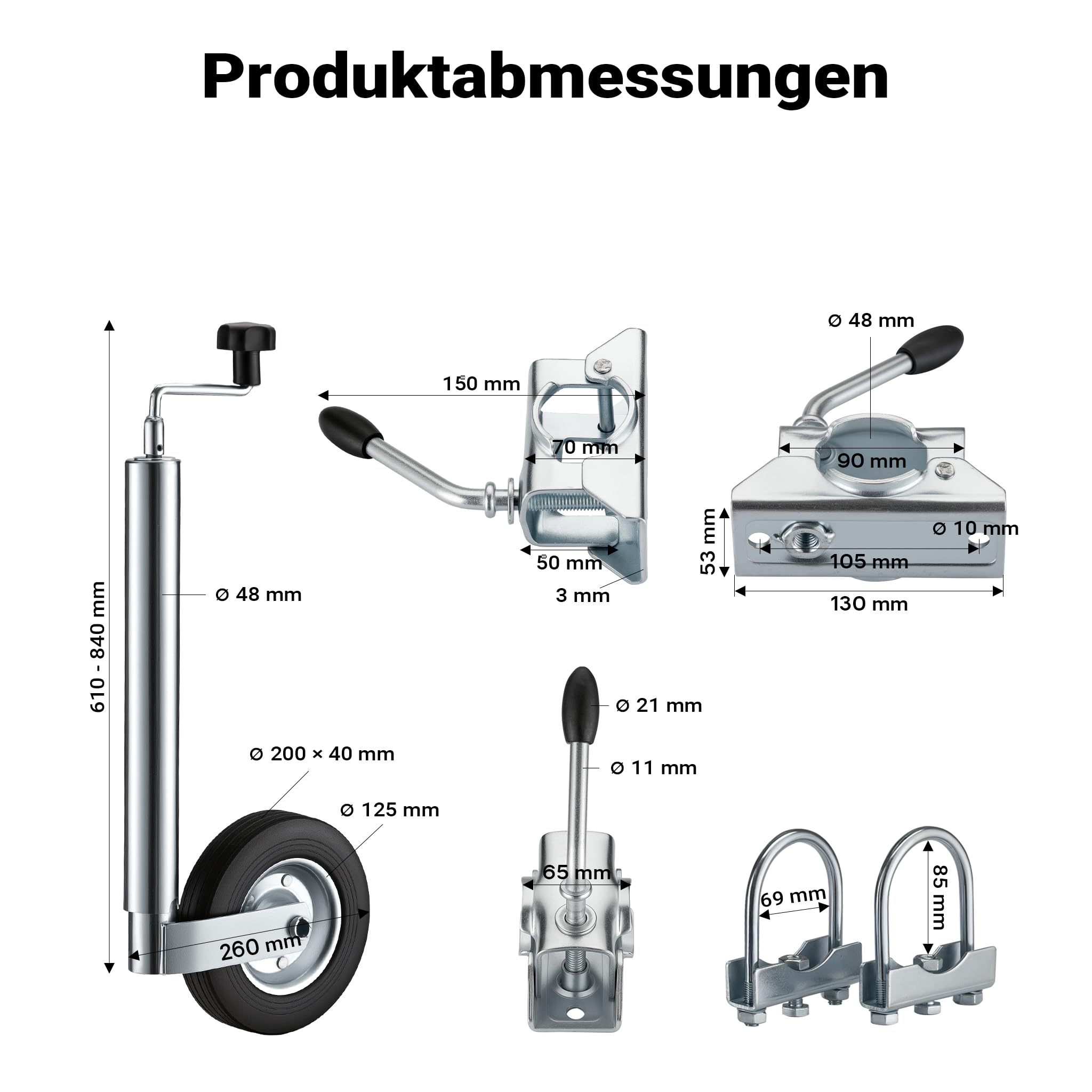 Wiltec Stützrad für Anhänger bis 362 kg ø48 mm, Bugrad inkl. Klemmhalter & Schellen, Abstellstütze mit pannensicheren Reifen 3