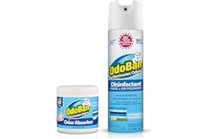 OdoBan Ready-to-Use Disinfectant and Harsh Smell Eliminator, Air and Pet Aroma Freshener and Purifier, Set of 2, 14.6 Ounce 360-Degree Continuous Spray and 14 Ounce Scent Absorber, Fresh Linen Scent