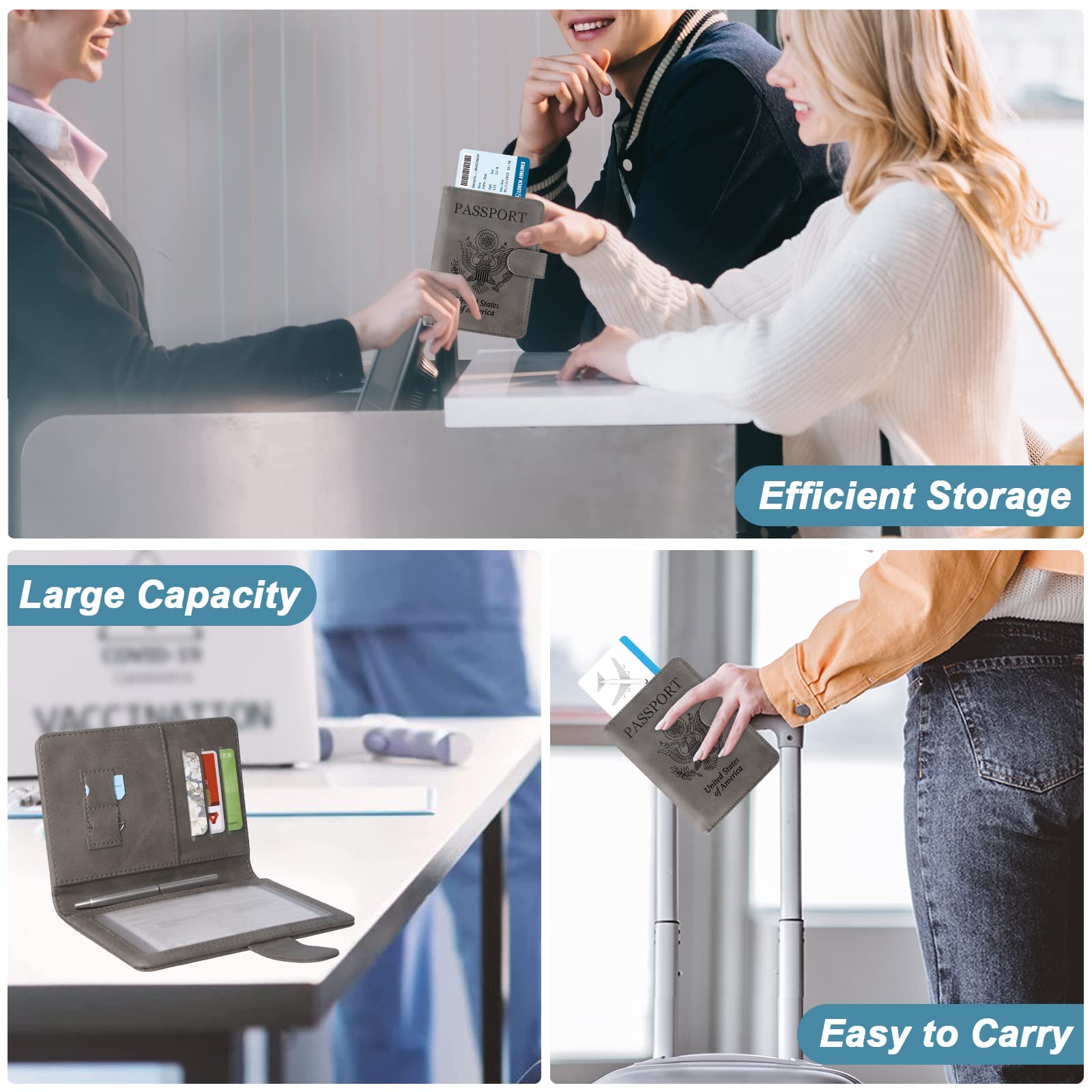 DMLuna Passport Holder Premium PU Leather Travel Passport Wallet RFID Blocking Passport Cover Case Travel Documents Organizer with Magnetic Closure, Free Mini Pen, for Women and Men, Grey