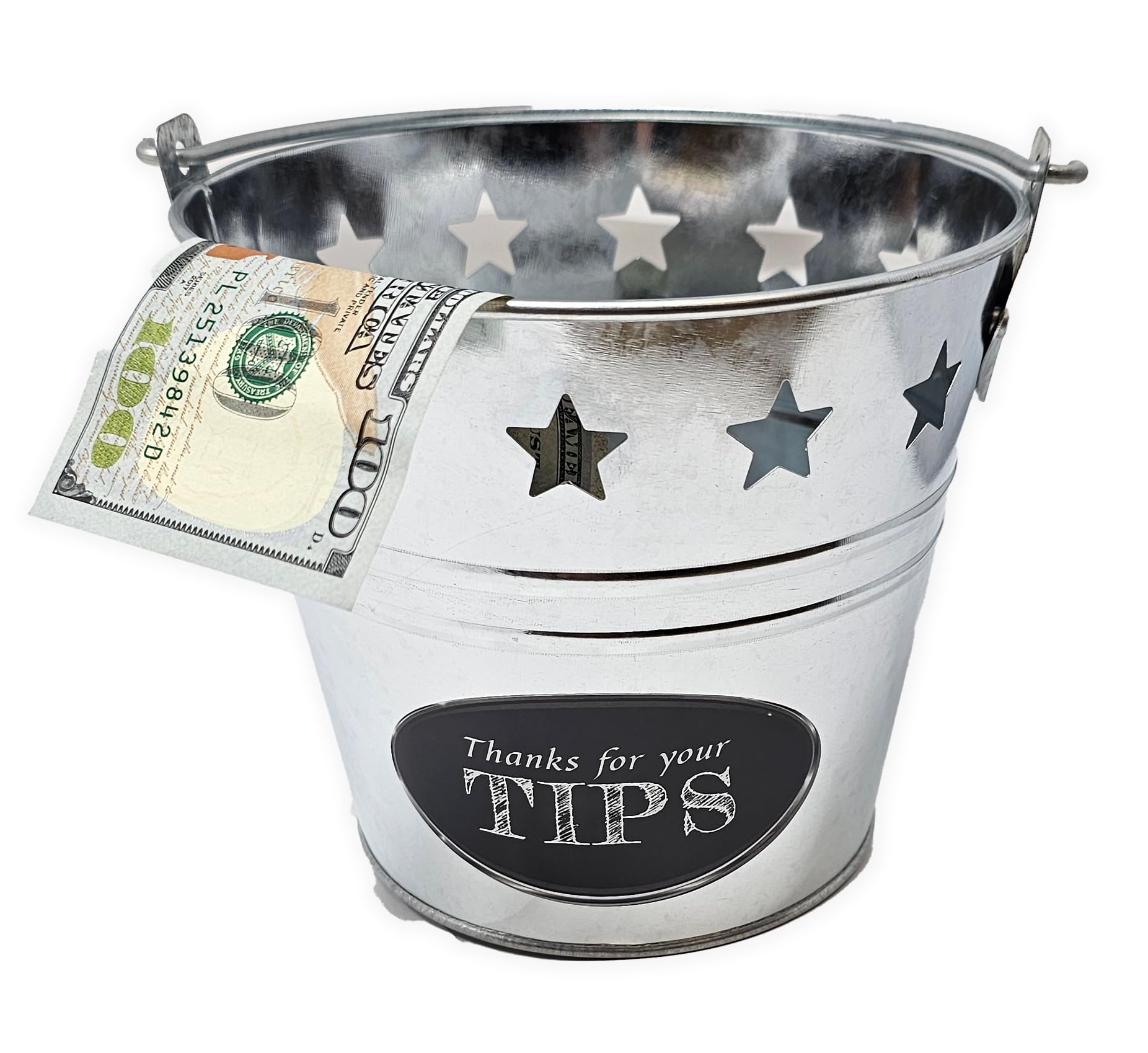 Photo 1 of Tip Bucket Metal w/Stars Design for Bar, Club, Musicians, Bands, Street Performers | Bartenders Money Tip Jar 6 “ Diameter x 5.5” Hight