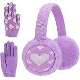 EIMOON Winter Girls Knit Earmuffs and Gloves Sets Furry Ear Warmers with Love Pattern Outdoor Knit Warm Gloves for Girls