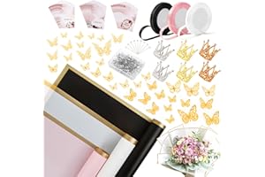 FUHITIM 60 Sheet Flower Wrapping Paper-3 Colors Florist Bouquet Wrapping Paper for Wedding Birthday Gift, Flower Paper Wrap with 3 Rolls Ribbon,3D Butterflies, 3 Colors Crowns (Black, Rose Pink, White)