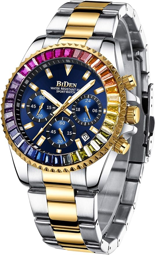 Mens Watches Men Gold Blue Diamond Designer Chronograph Waterproof