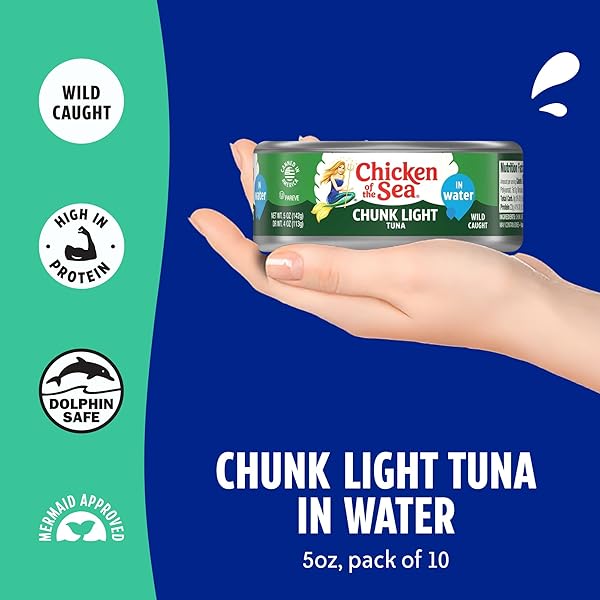 CHICKEN OF THE SEA WILD CAUGHT CHUNK LIGHT TUNA, 5 OUNCE CANS, 10-COUNT – HIGH PROTEIN 100% CLASSIC CHUNK TUNA IN WATER – DELICIOUS, EASY, NUTRITIOUS READY TO EAT MEALS