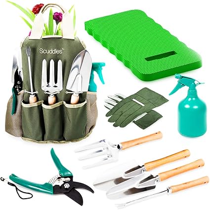 Scuddles Garden Tools Set – 8 Piece Heavy Duty Gardening Tools with Storage Organizer, Ergonomic Hand Digging Weeder, Rake, Shovel, Trowel, Sprayer, Gloves Gift for Men & Women