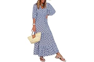 miduo Womens Loose Fit Casual Summer V Neck Half Sleeve Bohemian Geometric Pattern Maxi Long Dresses