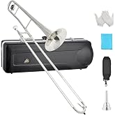 EASTROCK Bb Tenor Slide Trombone, B Flat Brass Plated Trombone Instrument for Beginners Students with Hard Case, with Mouthpiece, White Gloves (12.5mm/200 mm), Nickel