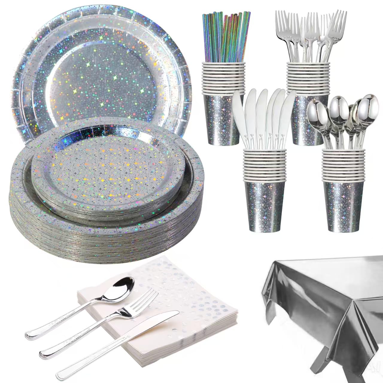 Photo 1 of 201-piece disposable party tableware set with paper plates, cups, napkins, straws, tablecloths, plastic knives, forks and spoons for a variety of party occasions for up to 25 people (Silver Star)