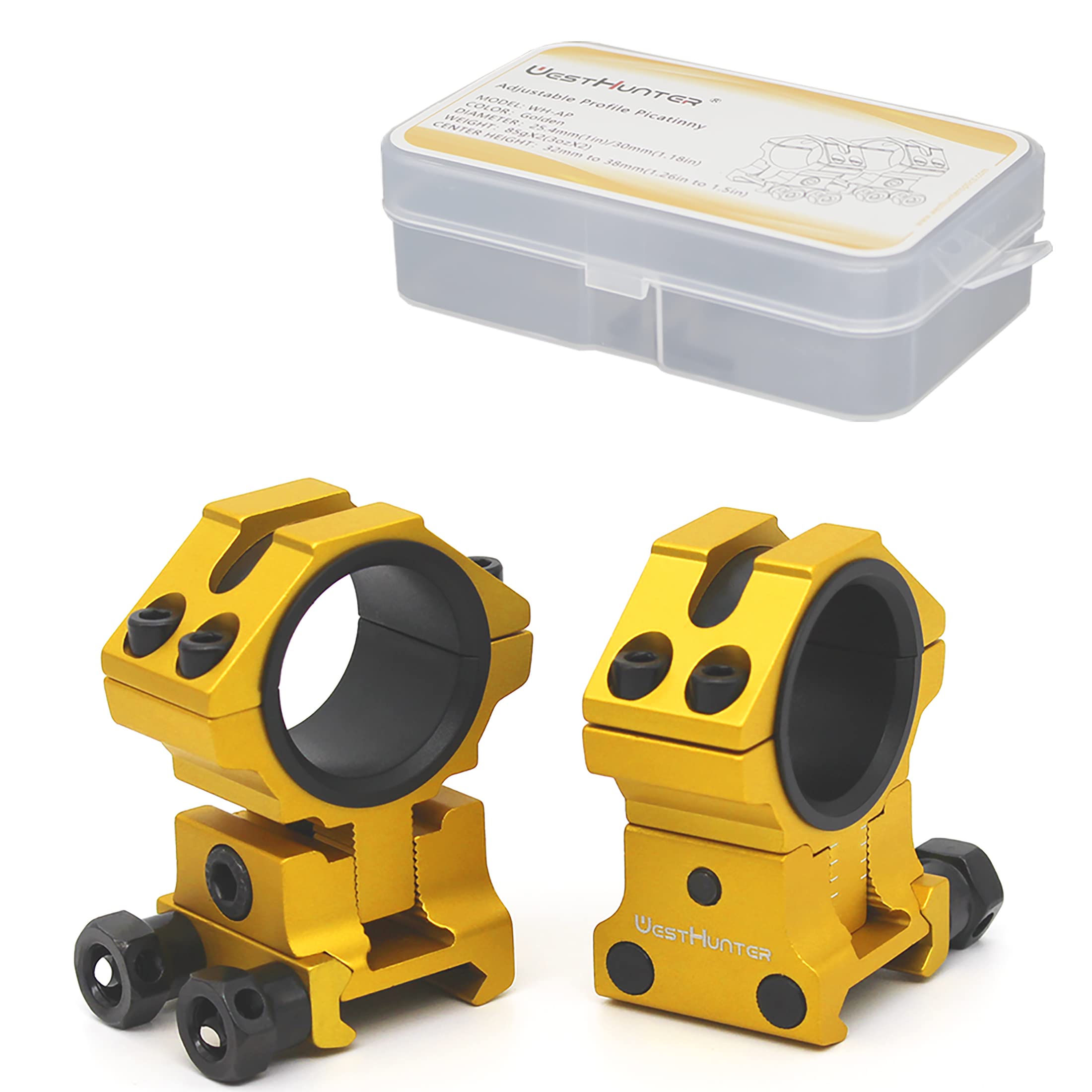 WestHunter Optics Adjustable Height Picatinny Scope Rings, 1 Inch 30 mm Precision Scope Mount | Gold