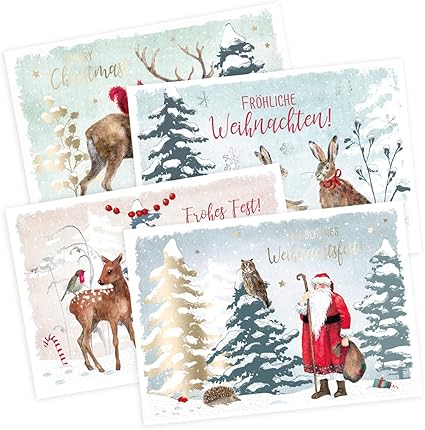 Auguri Per Natale.Set Di 4 Biglietti Di Auguri Per Natale Animali Nel Bosco Di Natale Cervo Coniglio Capriolo Babbo Natale Scoiattolo Gufo Neutro Bambino Ragazza Bianco Biglietto Per Natale Din A6 Amazon It Cancelleria E