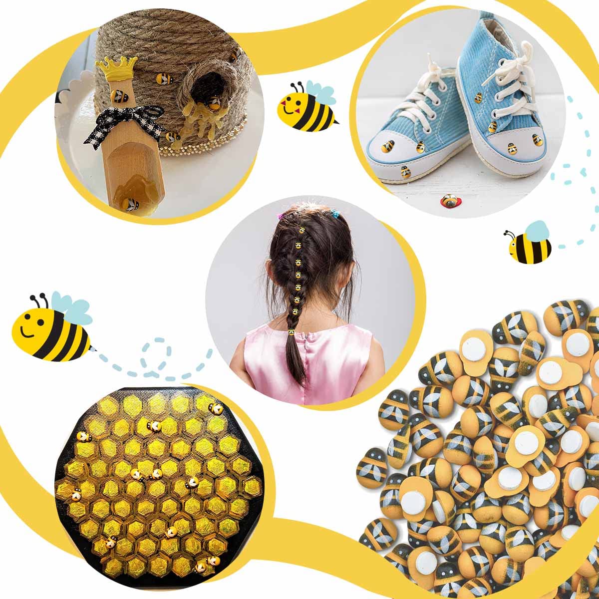 100 Wooden Mini Bees Craft Decoration for DIY Scrapbooking Party Home Wreath Decor - Flatback Self-Adhesive Embellishments