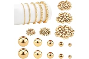 PH PandaHall 14K Gold Plated Spacer Beads, 300pcs Round Brass Beads 5 Size Metal Smooth Beads Seamless Ball Beads Long-lasting Little Beads for Summer Bracelet Necklace Jewelry DIY Crafts(2/3/4/5/6mm)