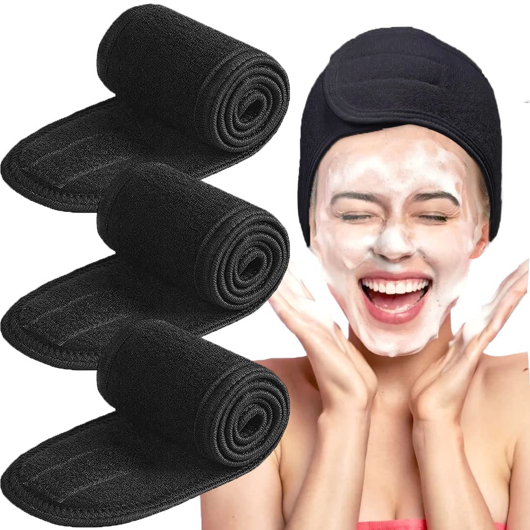 Spa Headband – 3 Pack Adjustable Facial Headband, Women Facial Makeup Head Band Head Wraps for Shower Washing Face (Black)