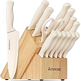 Astercook Knife Set, 15 Pieces Kitchen Knife Set with Sharpener Block, German Stainless Steel Knives with Anti-Rust Coating, Dishwasher Safe, Elegant Cream White Design, Perfect for Holiday Gifts