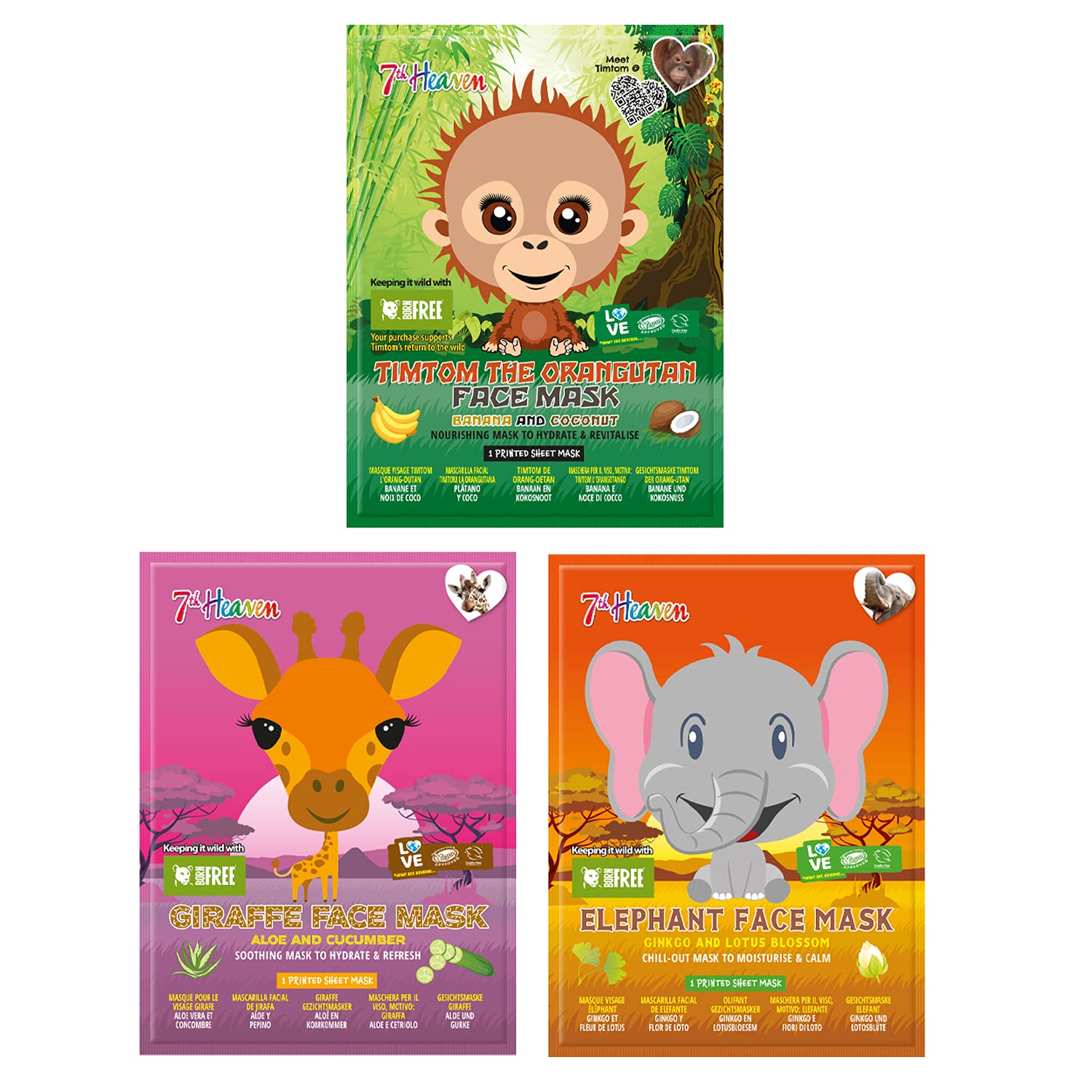 7th Heaven Pamper Animal Beauty Sheet Face Mask Skincare Set for Kids - Orangutan, Giraffe & Elephant Printed Face Mask Sheet to Refresh, Hydrate & Nourish Young Skin (Ages 8+)