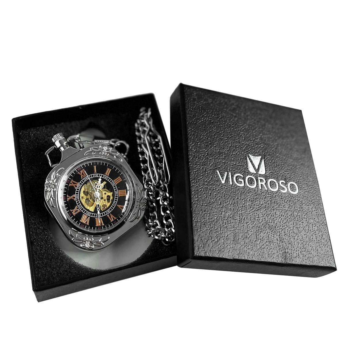 VIGOROSO Mens Classic Steampunk Pocket Watch with Chain Skeleton Hand Wind Mechanical Pocket Watches for Men & Women