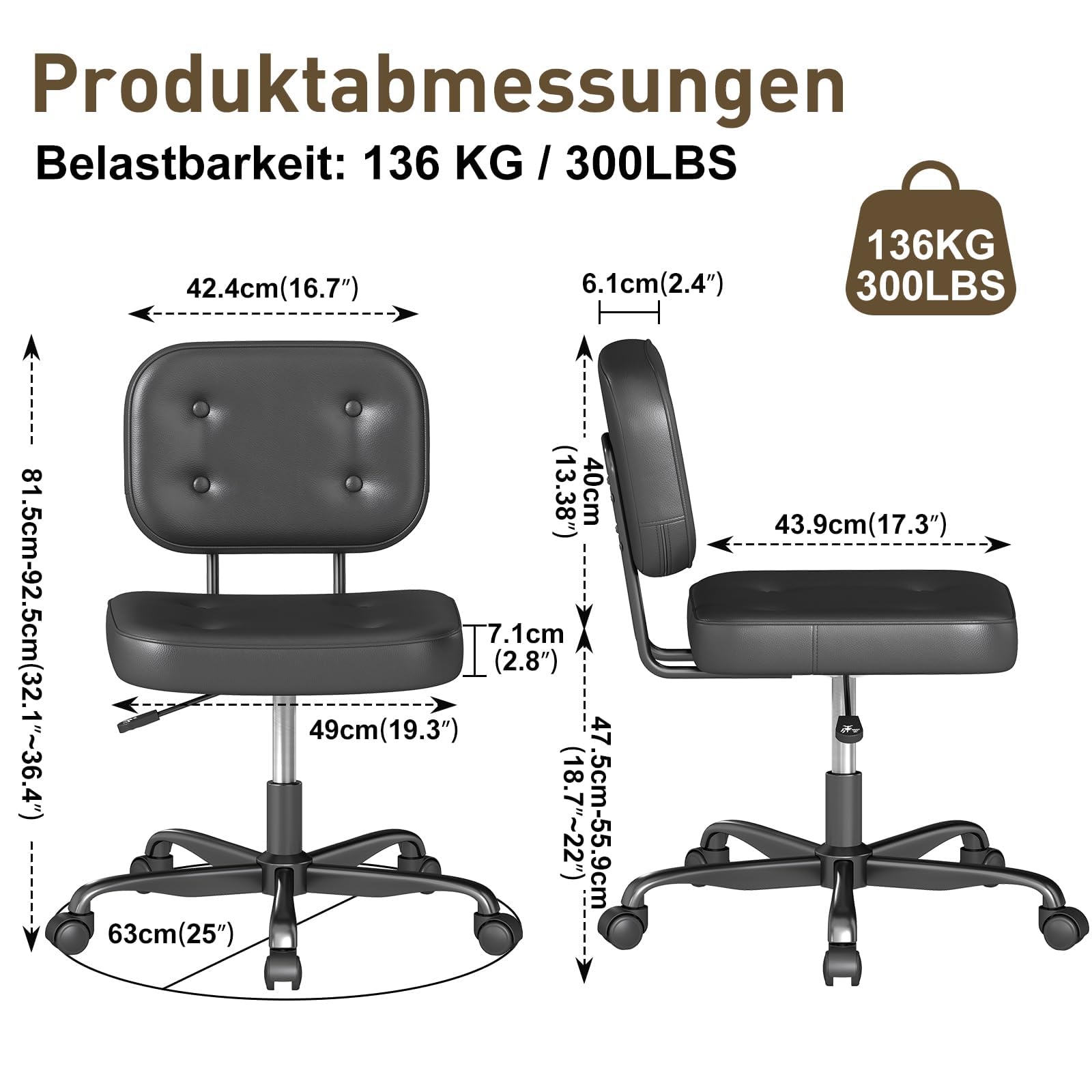 AnyGod Schreibtischstuhl ohne Armlehne für Home Office, Kompakter Drehstuhl mit Rollen & Höhenverstellbar, Ergonomischer Computerstuhl für kleine Räume, Arbeitszimmer & Schminktisch, PU-Leder Schwarz 3