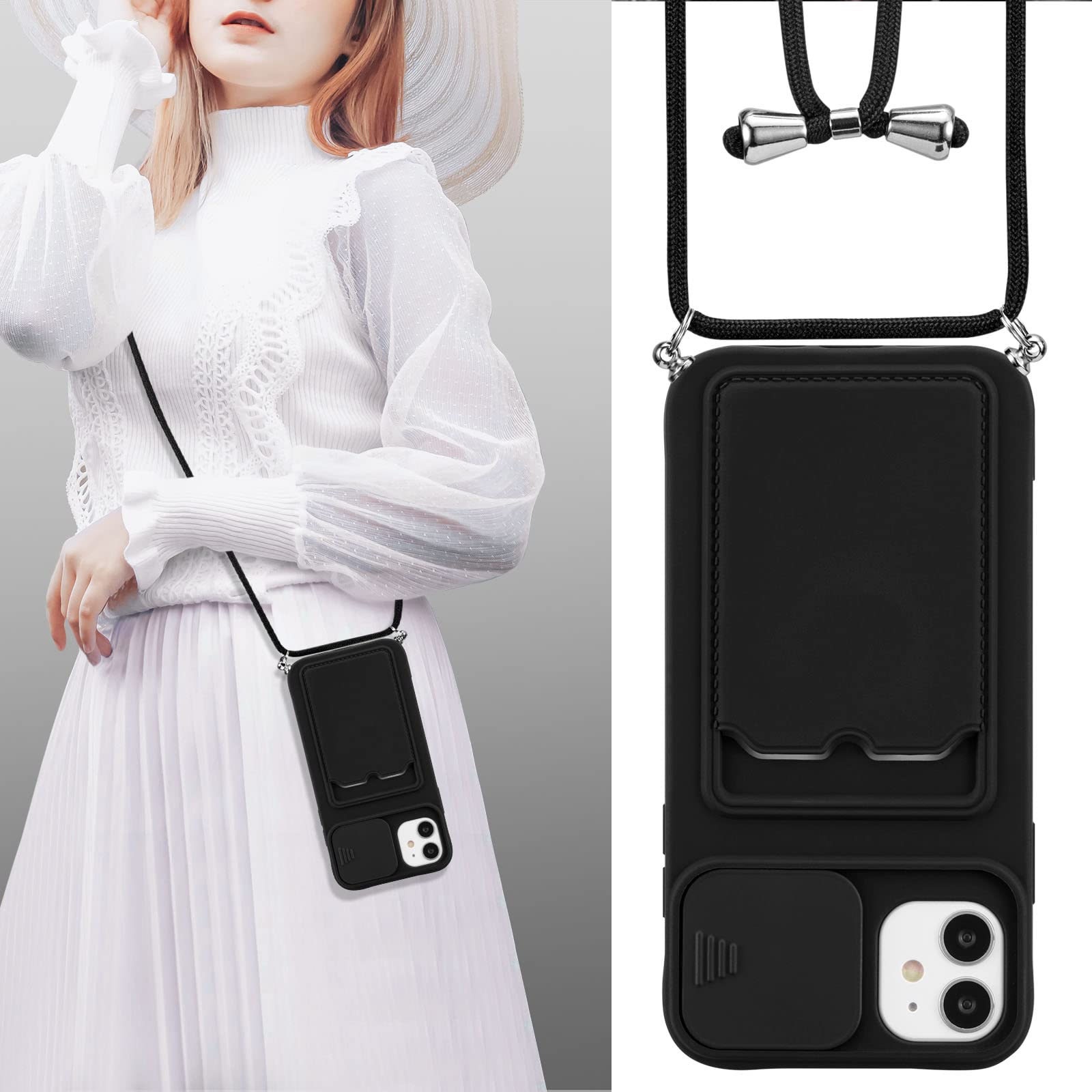 UEEBAI Crossbody Case for iPhone 11 6.1 inch with Camera Cover, Silicone Card Holder Phone Cover with Adjustable Necklace Strap Cord Lanyard Shockproof Protective Case - Black