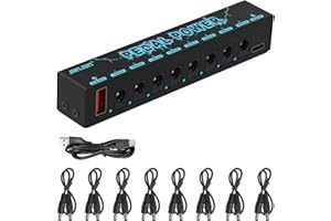MEDIORAYS Guitar Pedal Power Supply Portable 8 Isolated, DC 9V Output + 5V USB Output for Bass Effect Pedals 300mA, 1A Cables, Mini Guitar Pedal Power (Black)