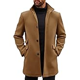Runcati Mens Pea Coats Single Breasted Stand Collar Casual Slim Fit Trench Coat Mid Long Winter Overcoat with Pockets
