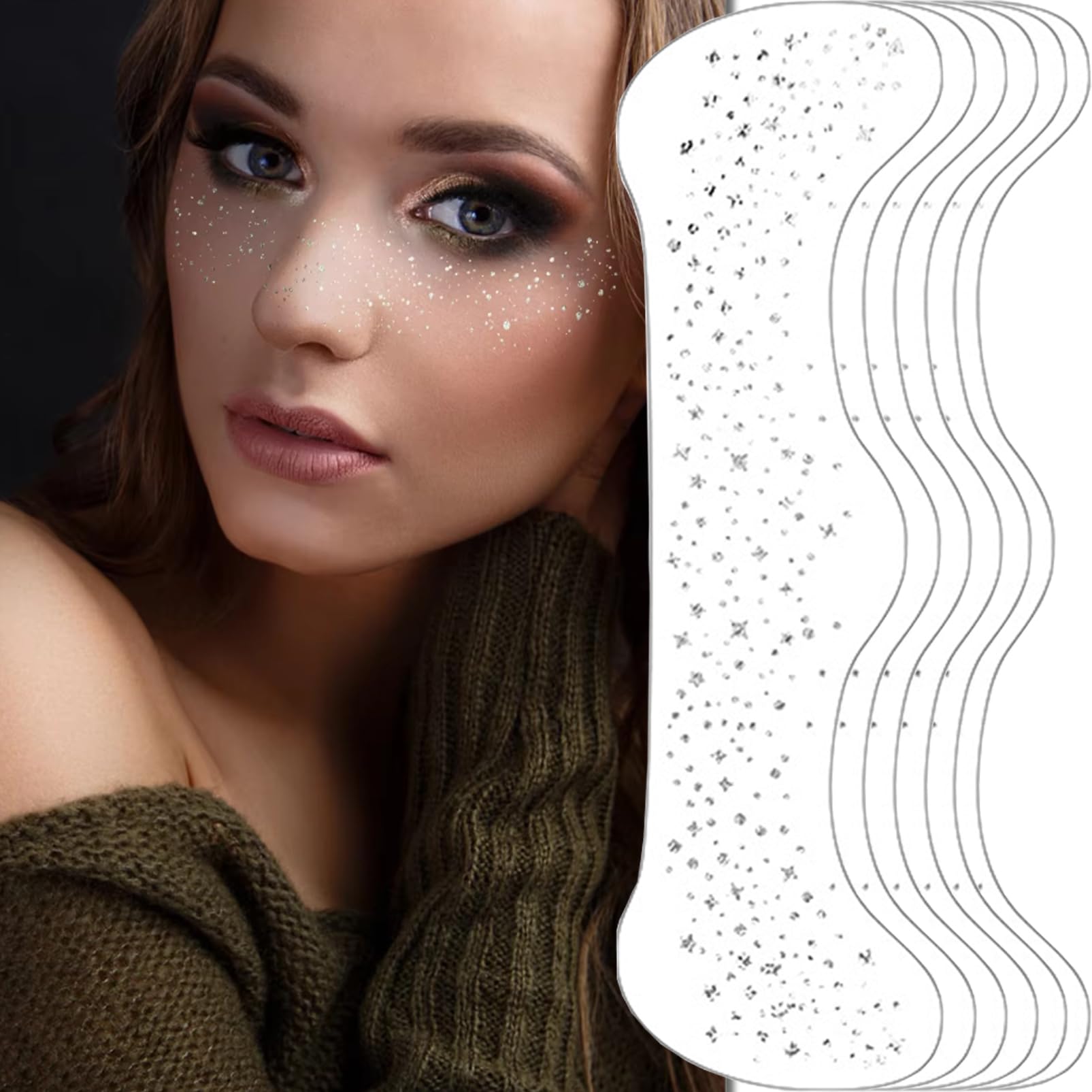 Face Glitter Temporary Tattoo, Face Stickers Temporary Transfer Fake Tattoos，6 PCS Glitter Metallic Freckle Tattoos,Festival Makeup Rave Accessories Patches for Women (Silver) — image 1