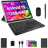 TUOHAITIME Android 15 Tablet, 12GB+64GB+1TB Expand, 10 Tablet Bundle with Keyboard Case, Stylus Pen, Octa-core CPU, Dual Camera, WiFi6, 6000mAh Battery+18W Fast Charge, Support Face Unlock,Black