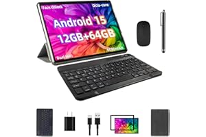 TUOHAITIME Android 15 Tablet, 12GB+64GB+1TB Expand, 10 Tablet Productivity Bundle with Keyboard Case, Stylus Pen, Octa-core CPU, Dual Camera, WiFi6, 6000mAh Battery+18W Fast Charge, Support Face Unlock (Black)