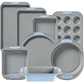 Pyrex 8-Piece Metal Bakeware Set with Heatsafe Silicone Handles, Cerulean | Lightweight stainless steel baking trays with heatsafe silicone handles, made without PFAS, mercury, lead, cadmium &amp; BPA