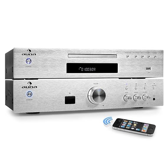 auna Elegance Tower Bluetooth HiFi-Set Verstärker + CD-Player mit Radioreceiver (Verstärker 600 Watt max, Bluetooth, AUX, MP3