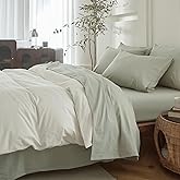 BDEAR 4PS Sage Green Queen Size Bedding Set, Oeko-TEX Standard 100% Washed Cotton Linen Like Bedding Sheet Sets Cover Deep Pocket Fitted Sheet Plus Cozy Flat Sheet and 2 Pillowcases
