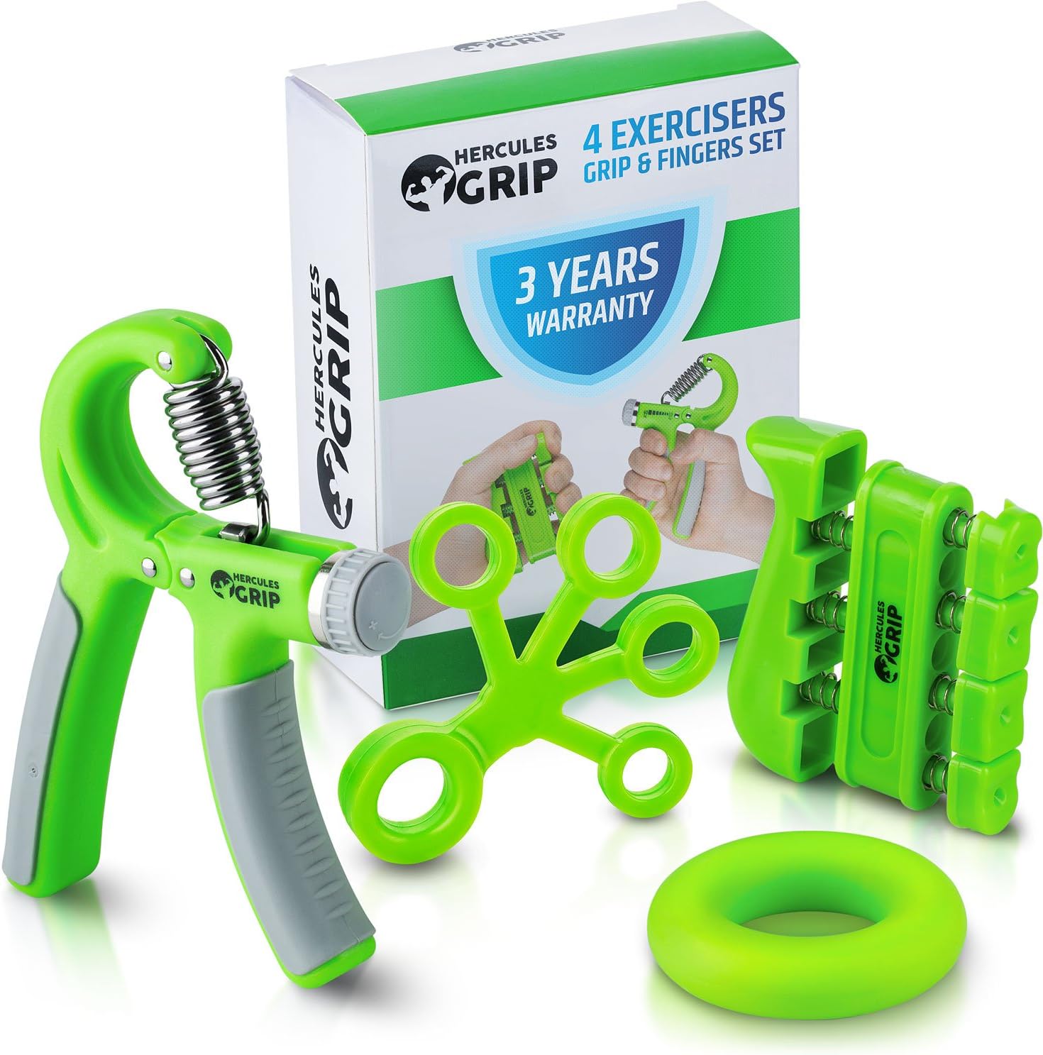 HerculesGrip Hand Grip Strengthener Forearm Grip Workout Kit - 4 Pack - Adjustable Hand Gripper Resistance Range of 22-88lbs, Finger Exerciser, Finger Stretcher & Exercise Ring + HD Video Manual