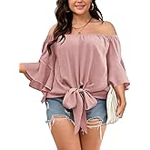 SHESTARR Womens Plus Size Off The Shoulder Blouse Tops Half Sleeves Tie Front Sexy Flowy Top