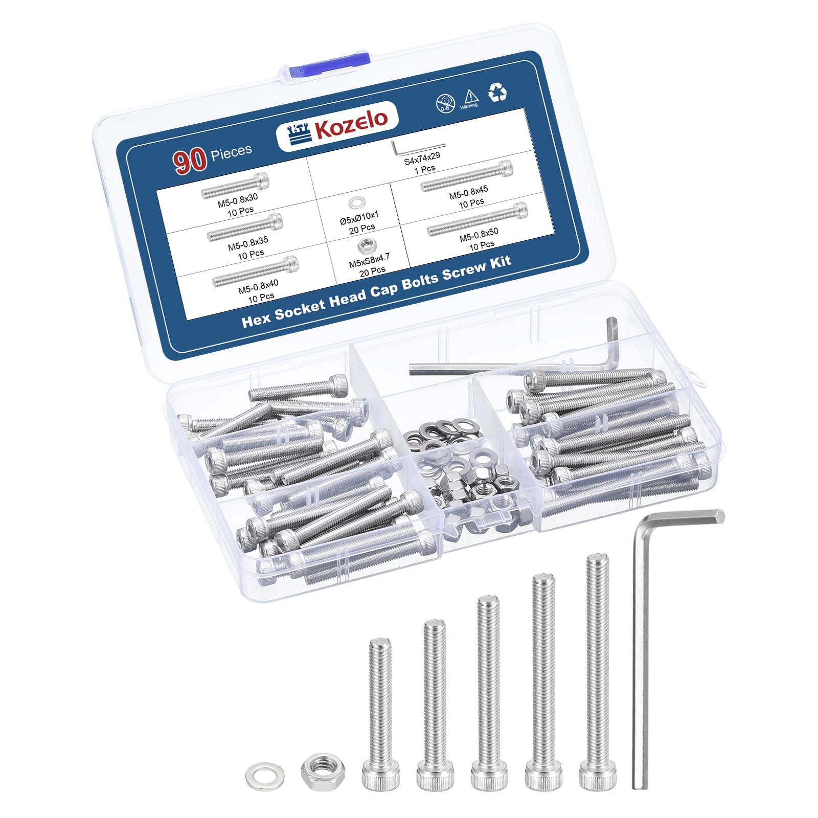 Kozelo 90pcs M5 Socket Head Cap Screws Bolts Nuts Assortment Kit - [M5x30/35/40/45/50mm] 304 Stainless Steel Allen Socket Drive for 3D Printer with Allen Wrench
