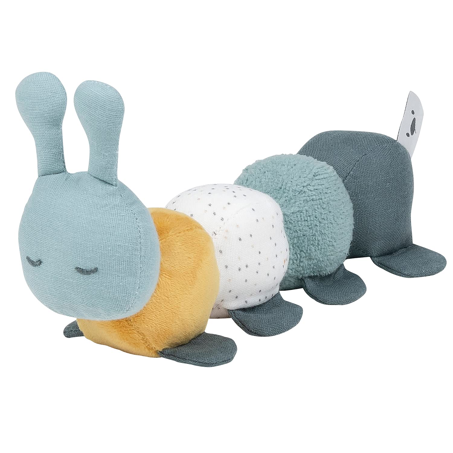 Nattou Pram Toy 4-Activity Plush Caterpillar Soft Toy, Cuddly Companion, Cotton/Polyester, Machine Washable, PETA-Approved Vegan, 0+ years, 26 cm, Green and Yellow