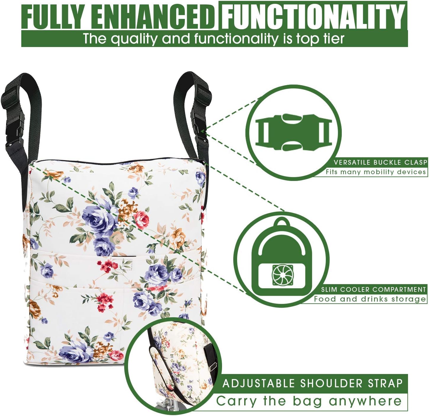 Two Bags Wheelchair Accessories by Astrata - Backpack Storage and Armrest Side Organizer - Lightweight Wheelchair Rollator Walker Bag - Organizers and Storage Travel Items (Floral): Health & Personal Care